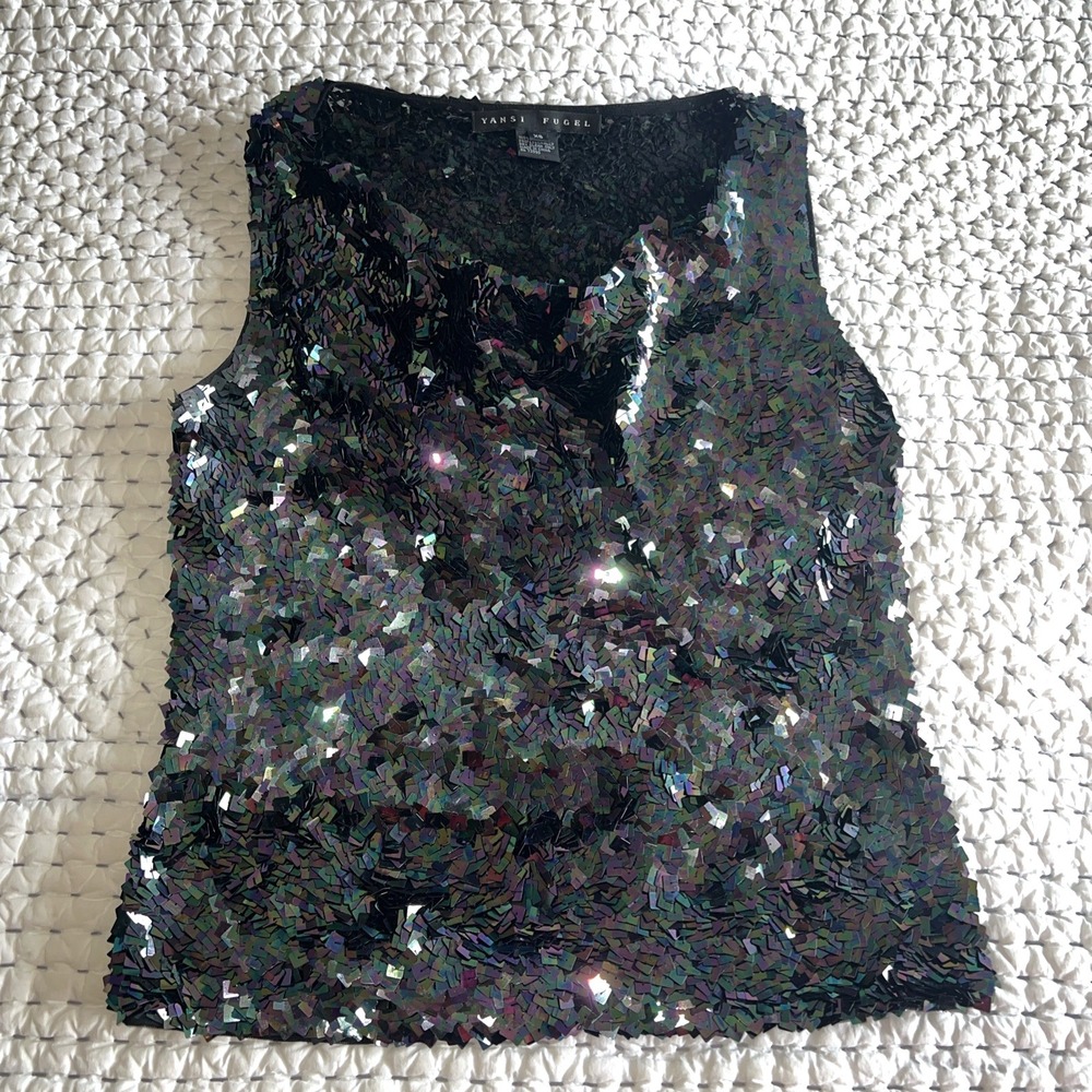 Black Iridescent Sequin Sleeveless Top Size XS Dazzle For Wedding/Holiday Events
